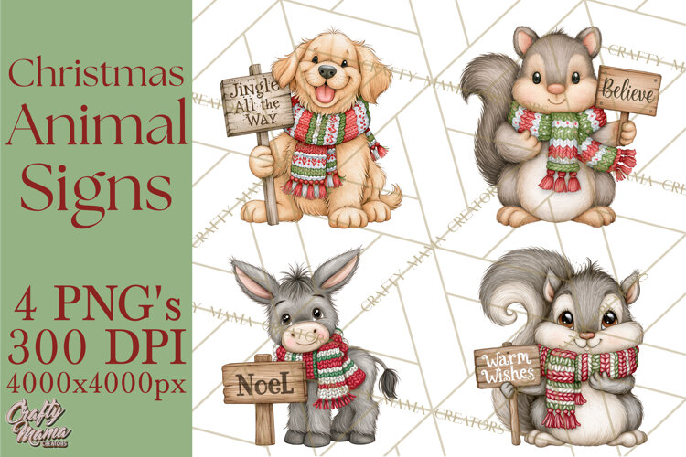 Christmas Animal Clipart PNG, Festive Animals Sign Clip Art example image 1