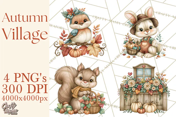 Autumn Village Clipart PNG, Cozy Fall Cottage Town