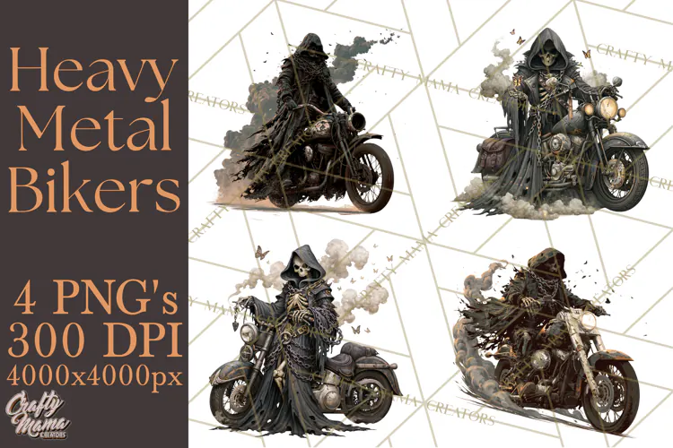 Heavy Metal Skeleton Biker Clipart, Halloween Motorcycles