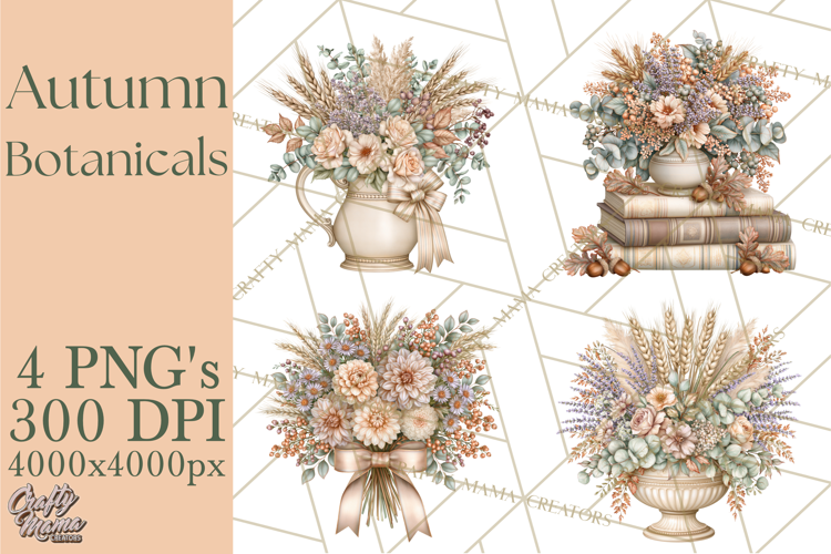 Autumn Botanicals Clipart PNG, Fall Floral Pumpkins