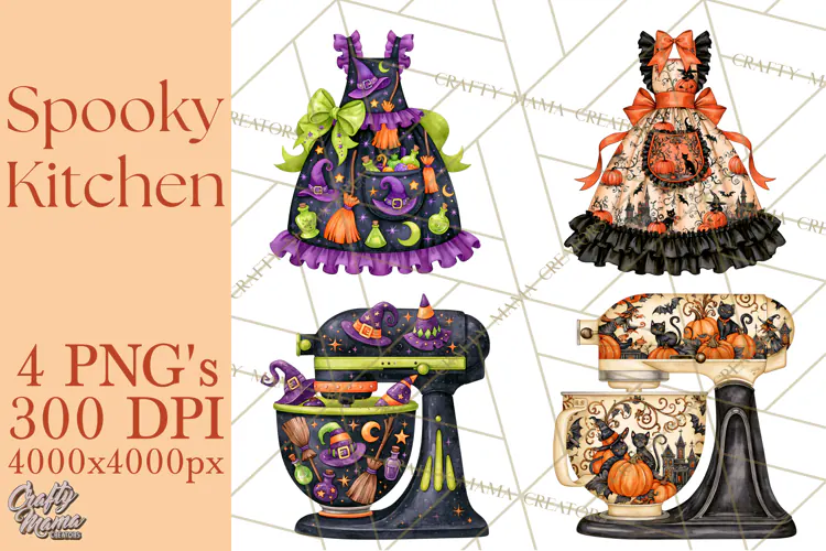 Bright Halloween Kitchen Clipart PNG, Spooky Aprons Mixers