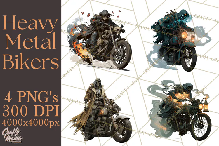 Heavy Metal Skeleton Biker Clipart, Halloween Motorcycles