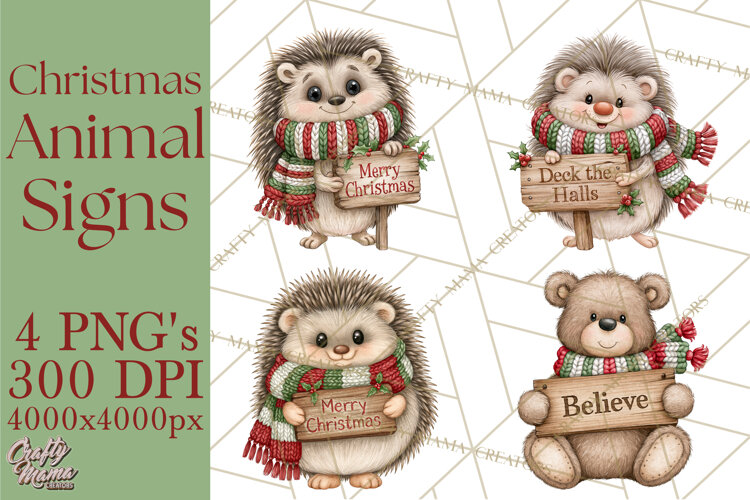 Christmas Animal Clipart PNG, Festive Animals Sign Clip Art example image 1
