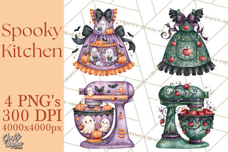 Bright Halloween Kitchen Clipart PNG, Spooky Aprons Mixers example image 1