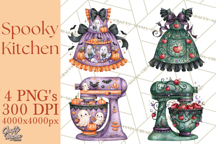 Bright Halloween Kitchen Clipart PNG, Spooky Aprons Mixers