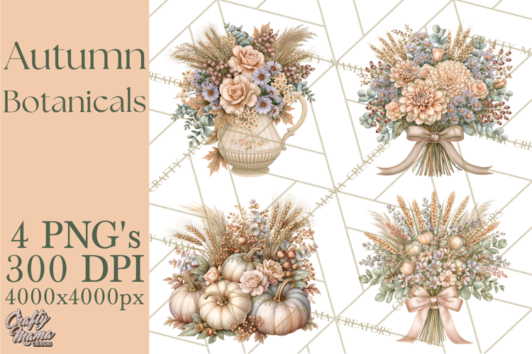 Autumn Botanicals Clipart PNG, Fall Floral Pumpkins