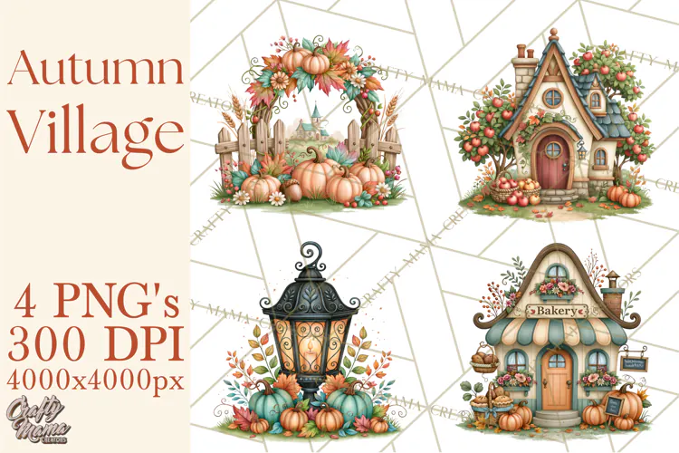 Autumn Village Clipart PNG, Cozy Fall Cottage Town
