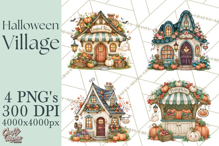 Halloween Village Clipart PNG, Spooky Cottage Town
