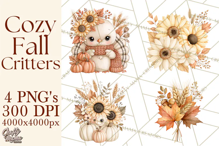 Fall Animals Clipart PNG, Autumn Floral Designs