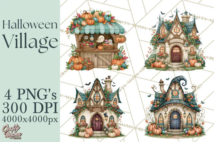 Halloween Village Clipart PNG, Spooky Cottage Town