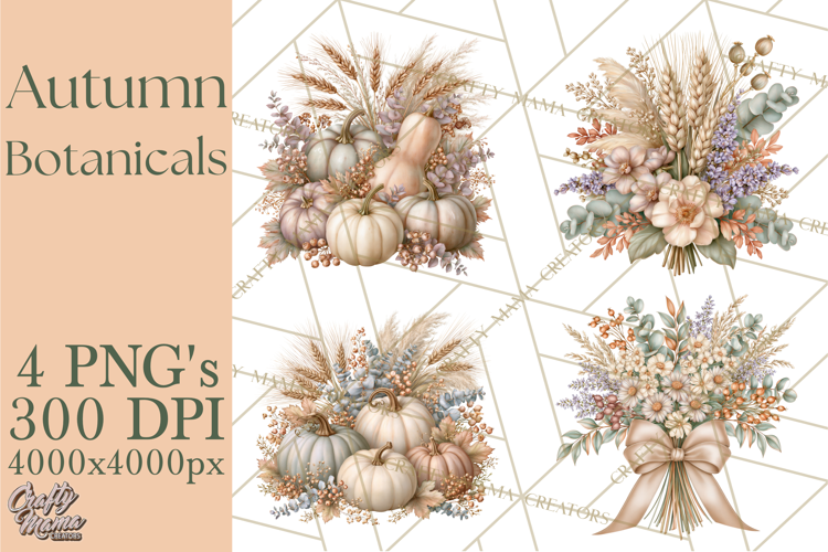 Autumn Botanicals Clipart PNG, Fall Floral Pumpkins
