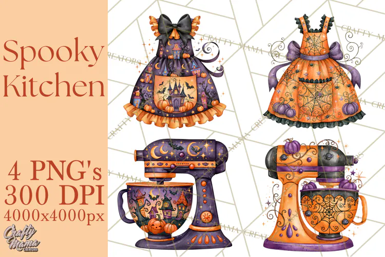 Bright Halloween Kitchen Clipart PNG, Spooky Aprons Mixers