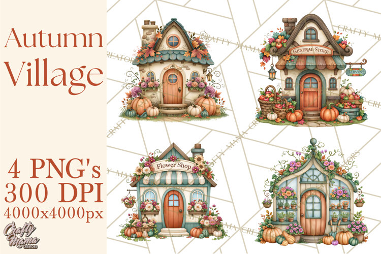 Autumn Village Clipart PNG, Cozy Fall Cottage Town example image 1