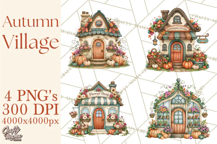 Autumn Village Clipart PNG, Cozy Fall Cottage Town