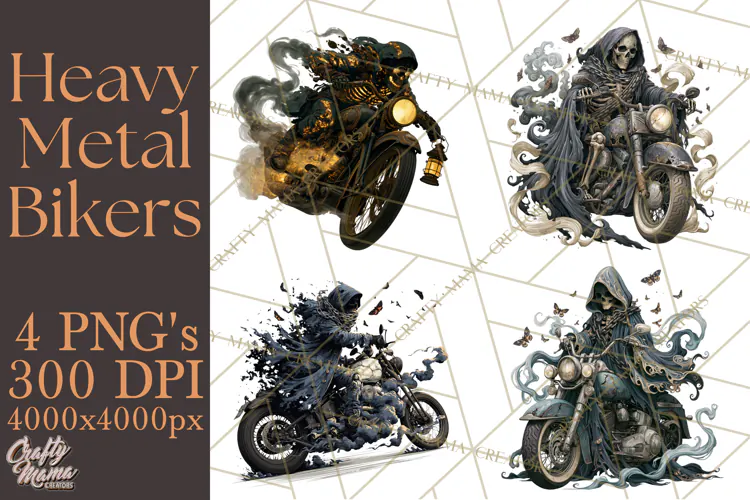 Heavy Metal Skeleton Biker Clipart, Halloween Motorcycles