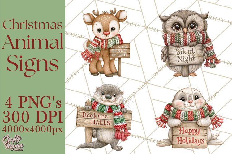 Christmas Animal Clipart PNG, Festive Animals Sign Clip Art example image 1