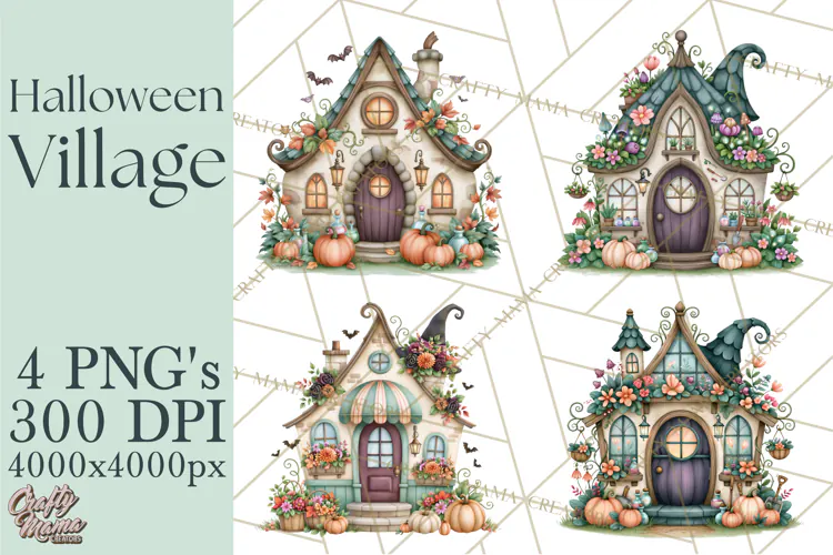 Halloween Village Clipart PNG, Spooky Cottage Town