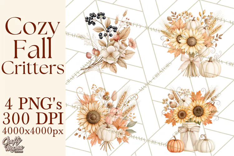 Fall Animals Clipart PNG, Autumn Floral Designs