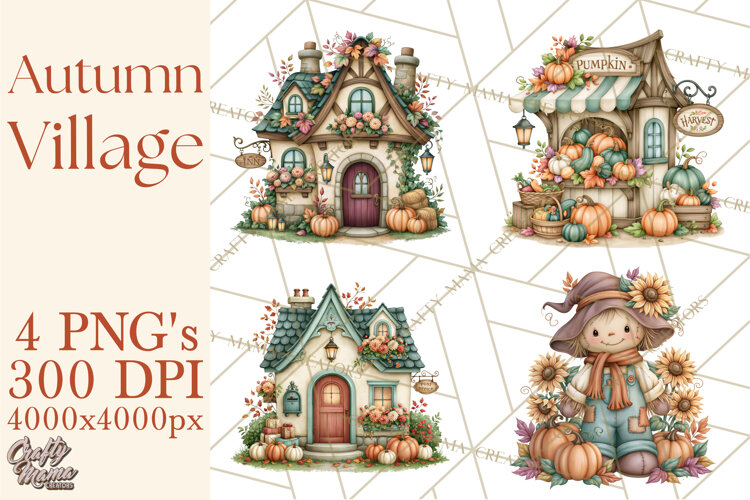 Autumn Village Clipart PNG, Cozy Fall Cottage Town example image 1