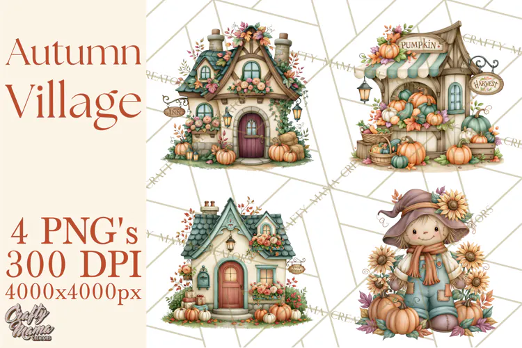 Autumn Village Clipart PNG, Cozy Fall Cottage Town