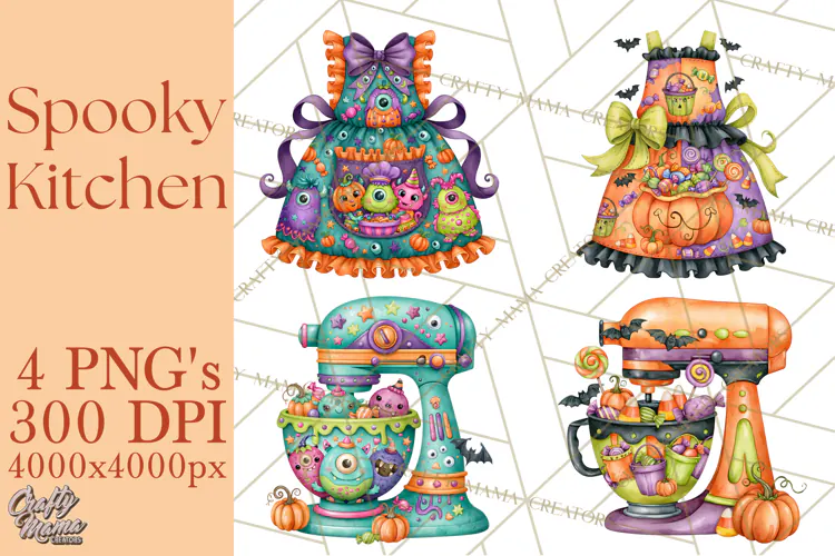 Bright Halloween Kitchen Clipart PNG, Spooky Aprons Mixers