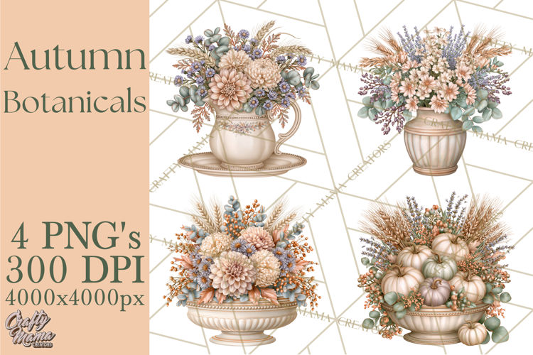 Autumn Botanicals Clipart PNG, Fall Floral Pumpkins