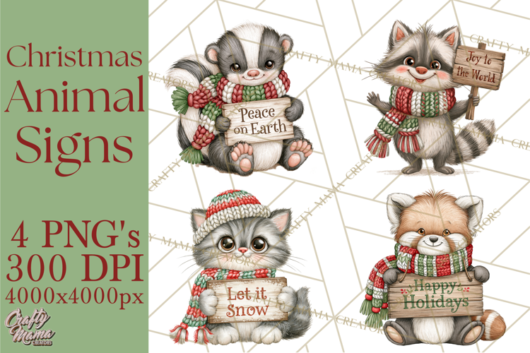 Christmas Animal Clipart PNG, Festive Animals Sign Clip Art