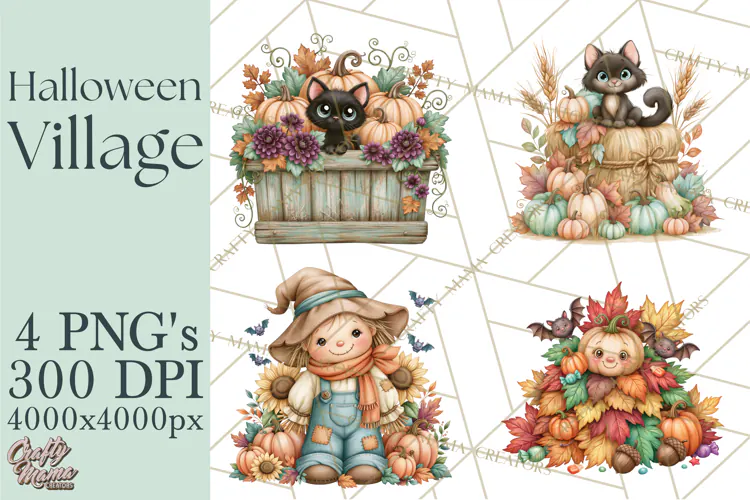 Halloween Village Clipart PNG, Spooky Cottage Town
