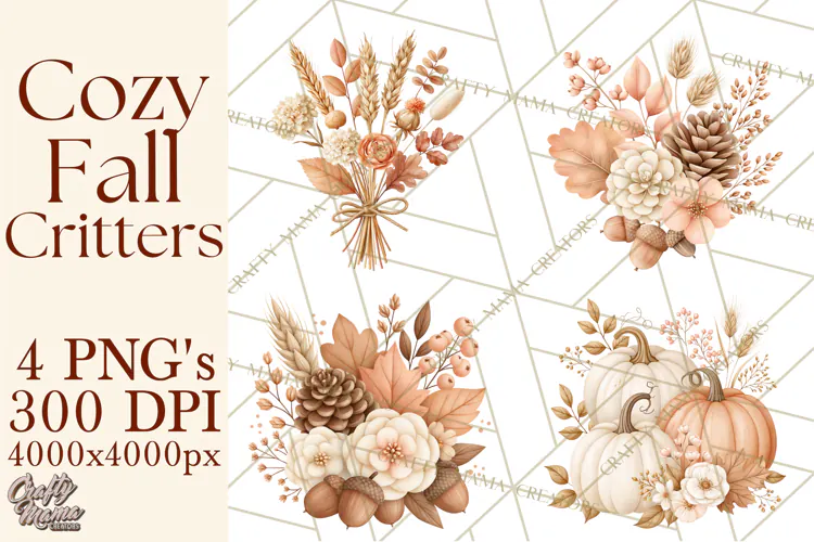 Fall Animals Clipart PNG, Autumn Floral Designs