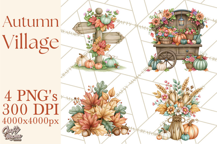 Autumn Village Clipart PNG, Cozy Fall Cottage Town example image 1