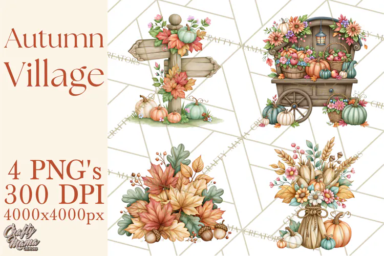 Autumn Village Clipart PNG, Cozy Fall Cottage Town
