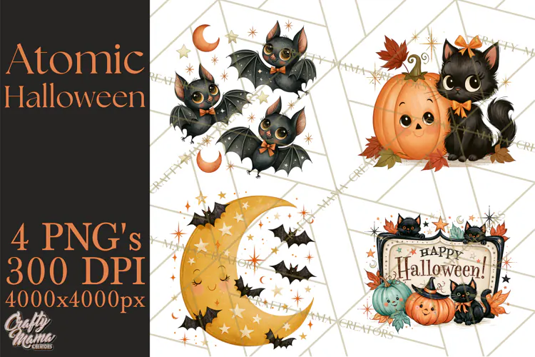 Atomic Age Halloween Clipart PNG, Retro 1950's Fall Decor