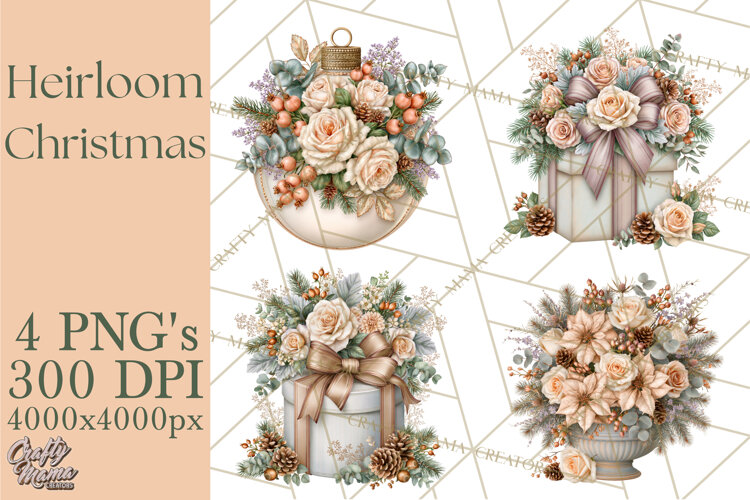 Botanical Christmas Clipart PNG, Winter Flower Decorations example image 1