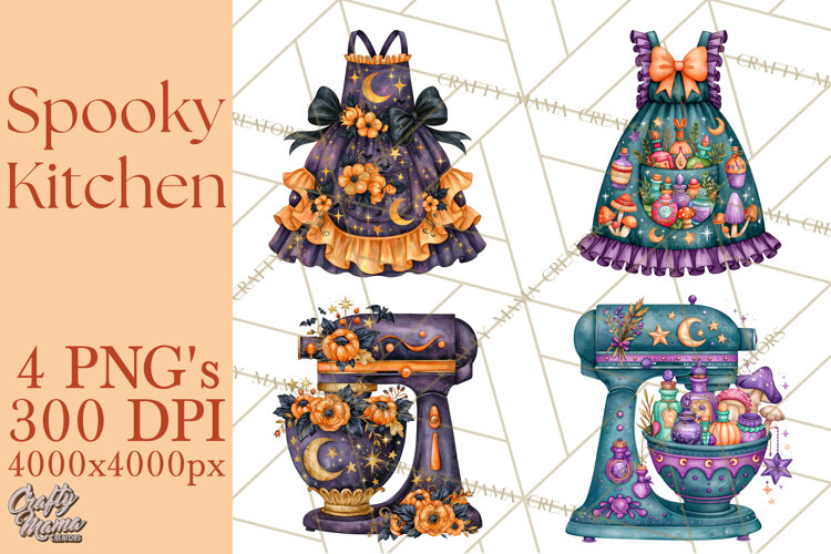 Bright Halloween Kitchen Clipart PNG, Spooky Aprons Mixers example image 1