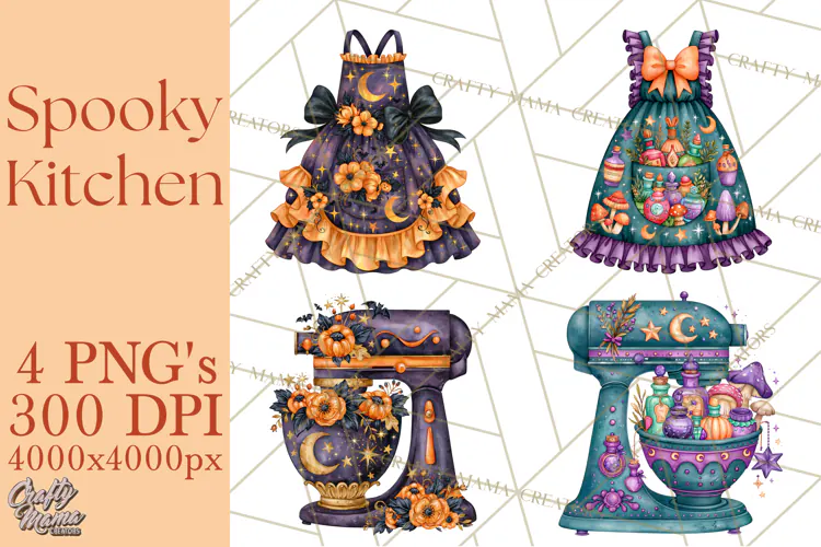 Bright Halloween Kitchen Clipart PNG, Spooky Aprons Mixers