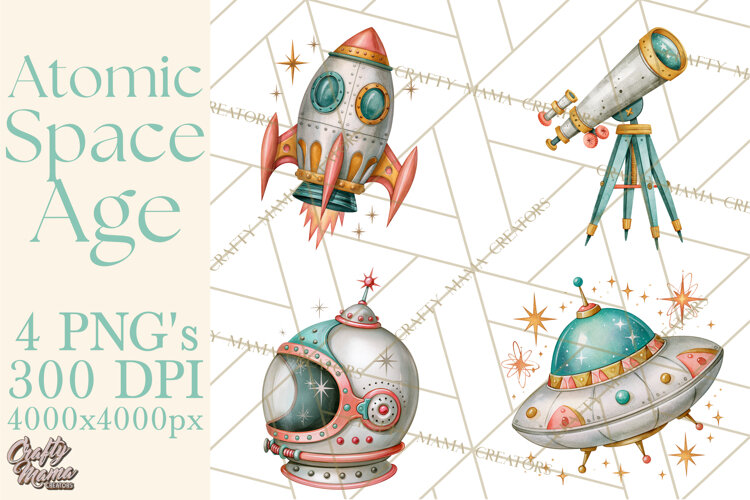 Atomic Age Space Clipart PNG, Retro 1950's Astronaut Decor example image 1