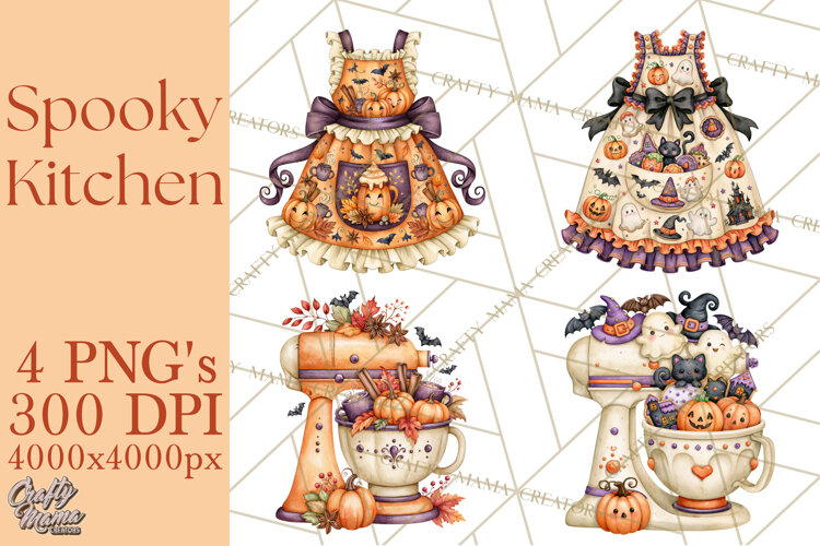 Bright Halloween Kitchen Clipart PNG, Spooky Aprons Mixers example image 1