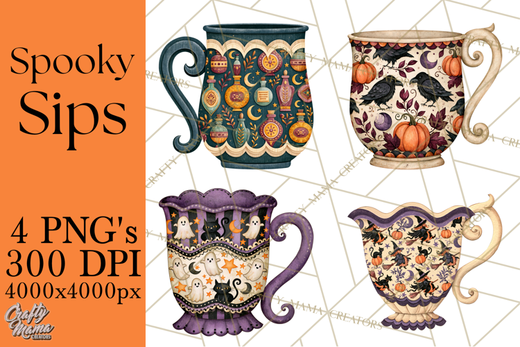 Halloween Coffee Mug Clipart PNG, Spooky Cups