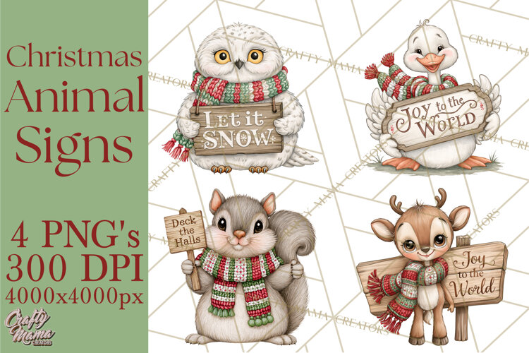 Christmas Animal Clipart PNG, Festive Animals Sign Clip Art example image 1