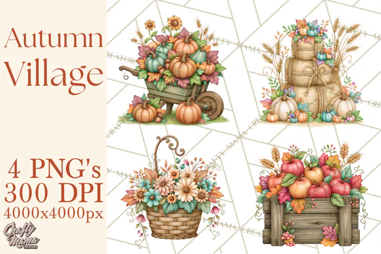 Autumn Village Clipart PNG, Cozy Fall Cottage Town