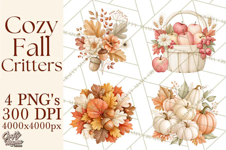 Fall Animals Clipart PNG, Autumn Floral Designs