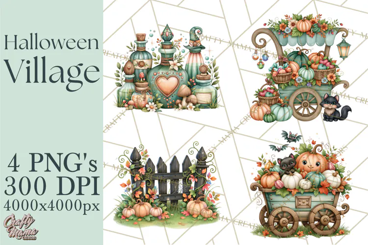 Halloween Village Clipart PNG, Spooky Cottage Town
