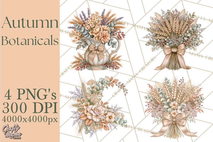 Autumn Botanicals Clipart PNG, Fall Floral Pumpkins