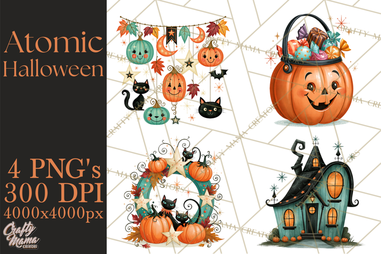 Atomic Age Halloween Clipart PNG, Retro 1950's Fall Decor