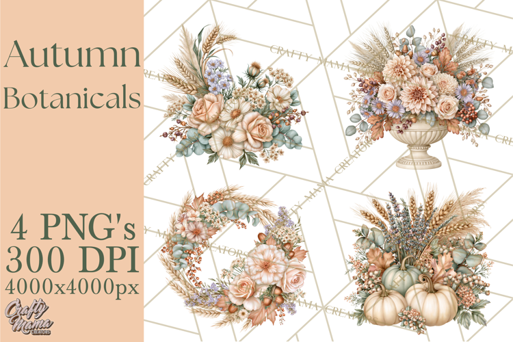 Autumn Botanicals Clipart PNG, Fall Floral Pumpkins