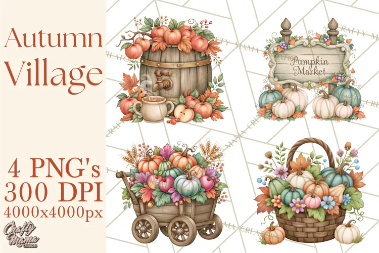 Autumn Village Clipart PNG, Cozy Fall Cottage Town