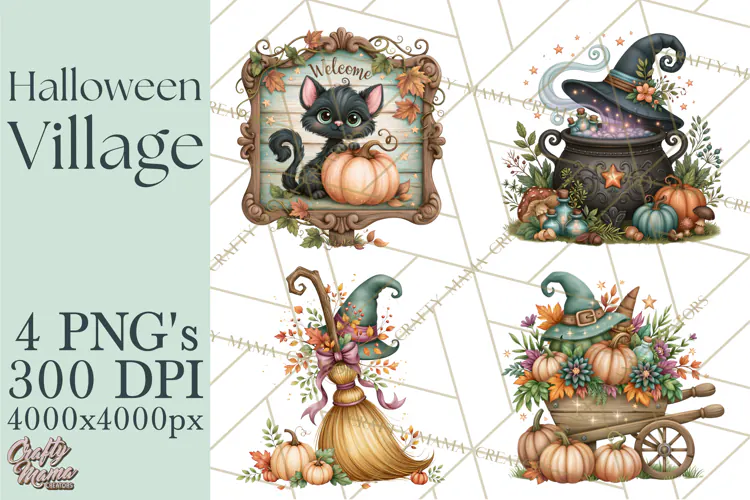 Halloween Village Clipart PNG, Spooky Cottage Town