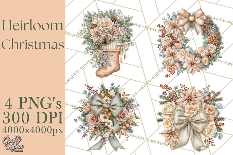 Botanical Christmas Clipart PNG, Winter Flower Decorations example image 1