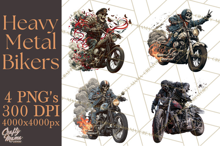 Heavy Metal Skeleton Biker Clipart, Halloween Motorcycles example image 1