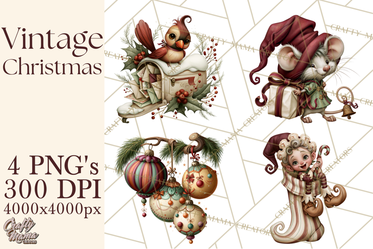 Vintage Christmas Clipart PNG, Christmas Retro Characters